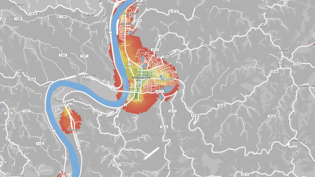 Walk Grade map of Moundsville, WV, walkable areas in green and car-dependent areas in red