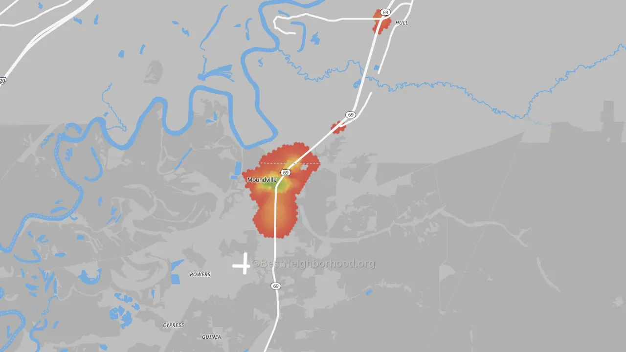 Walk Grade map of Moundville, AL, walkable areas in green and car-dependent areas in red