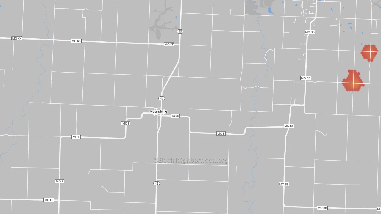 Walk Grade map of Moundville, MO, walkable areas in green and car-dependent areas in red