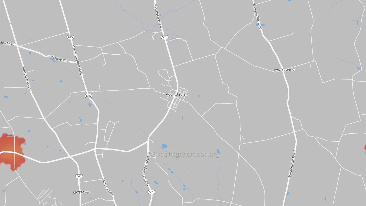 Walk Grade map of Mount Aetna, PA, walkable areas in green and car-dependent areas in red
