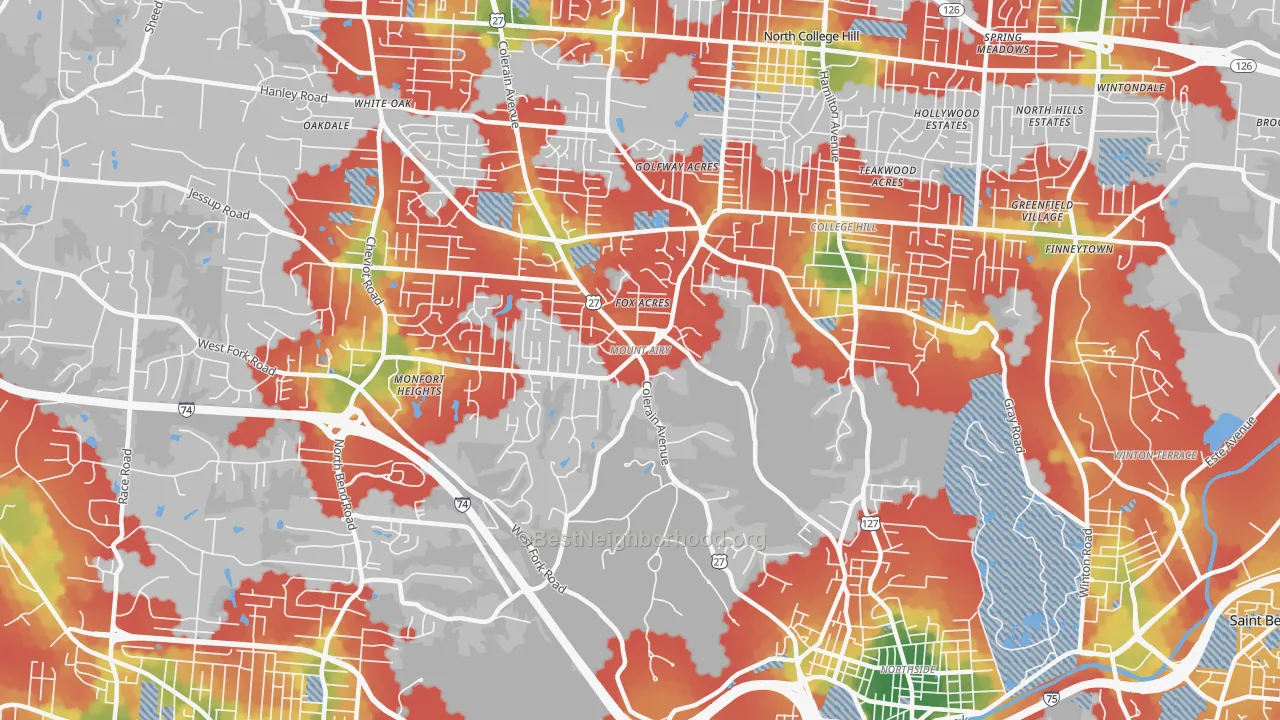 Walk Grade map of Mount Airy, Cincinnati, OH, walkable areas in green and car-dependent areas in red