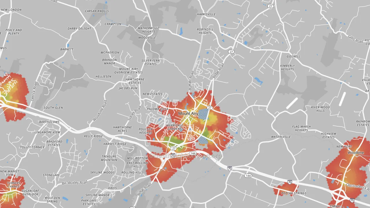 Walk Grade map of Mount Airy, MD, walkable areas in green and car-dependent areas in red