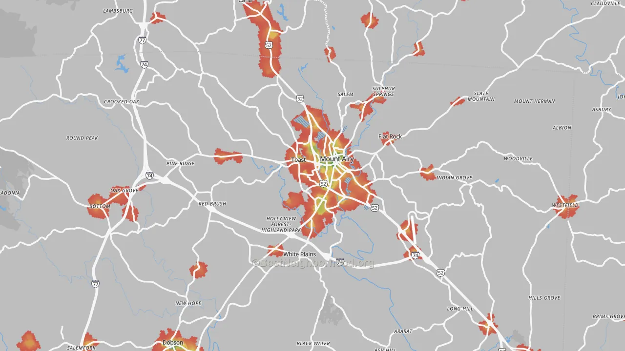 Walk Grade map of Mount Airy, NC, walkable areas in green and car-dependent areas in red