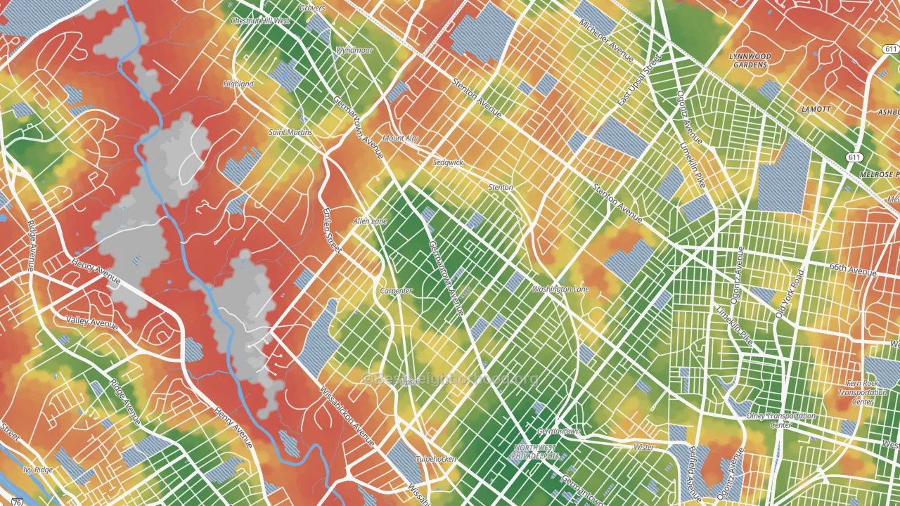 Walk Grade map of Mount Airy, Philadelphia, PA, walkable areas in green and car-dependent areas in red