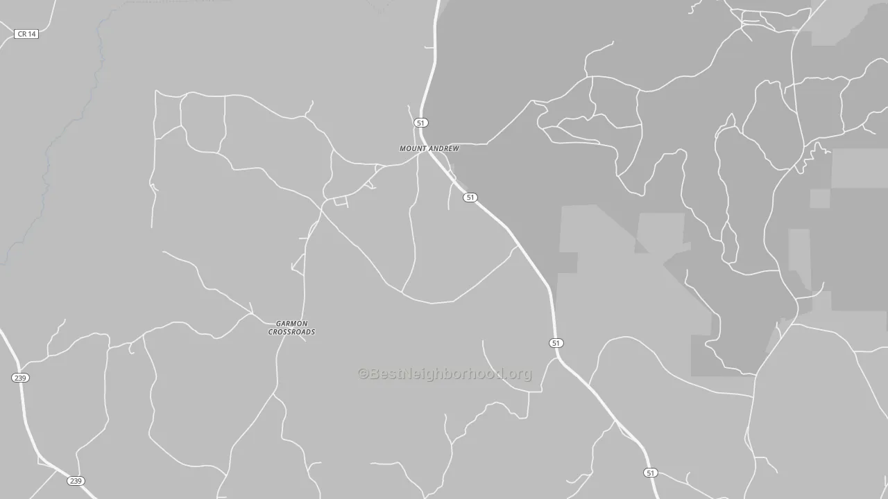 Walk Grade map of Mount Andrew, AL, walkable areas in green and car-dependent areas in red