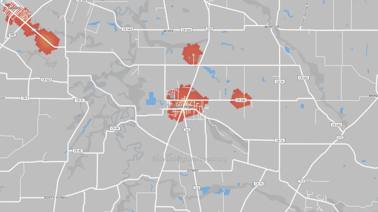 Walk Grade map of Mount Angel, OR, walkable areas in green and car-dependent areas in red