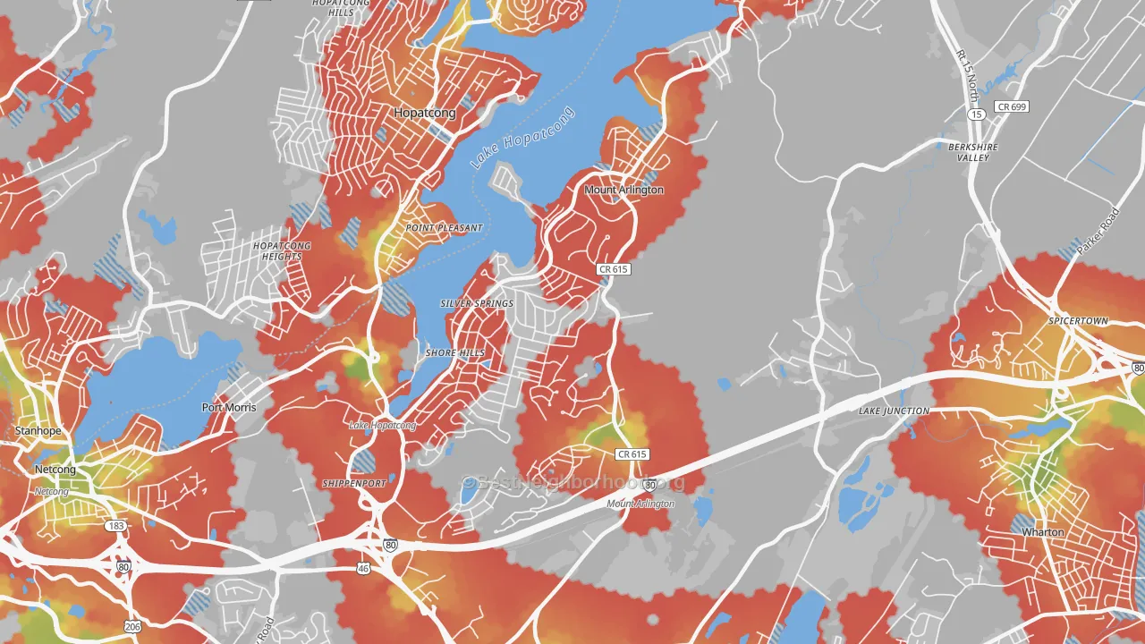 Walk Grade map of Mount Arlington, NJ, walkable areas in green and car-dependent areas in red