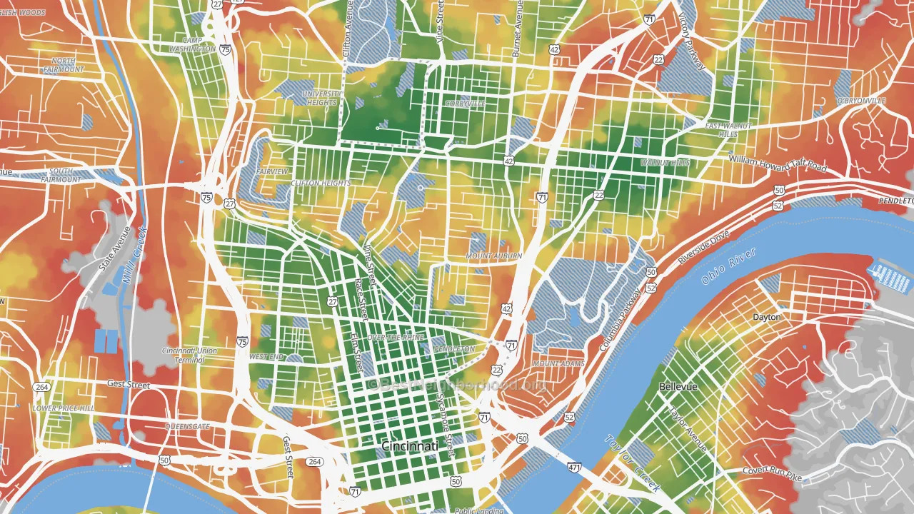 Walk Grade map of Mount Auburn, Cincinnati, OH, walkable areas in green and car-dependent areas in red