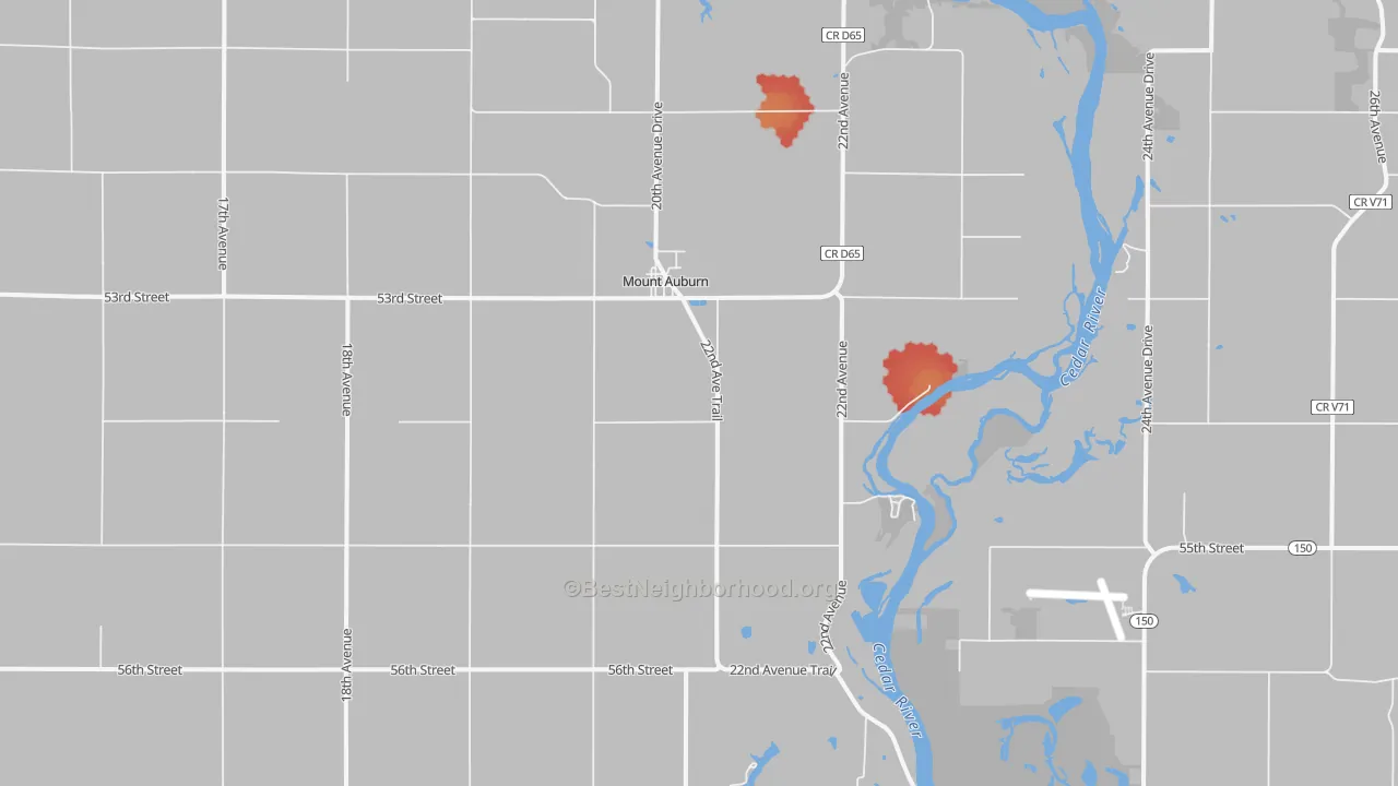 Walk Grade map of Mount Auburn, IA, walkable areas in green and car-dependent areas in red