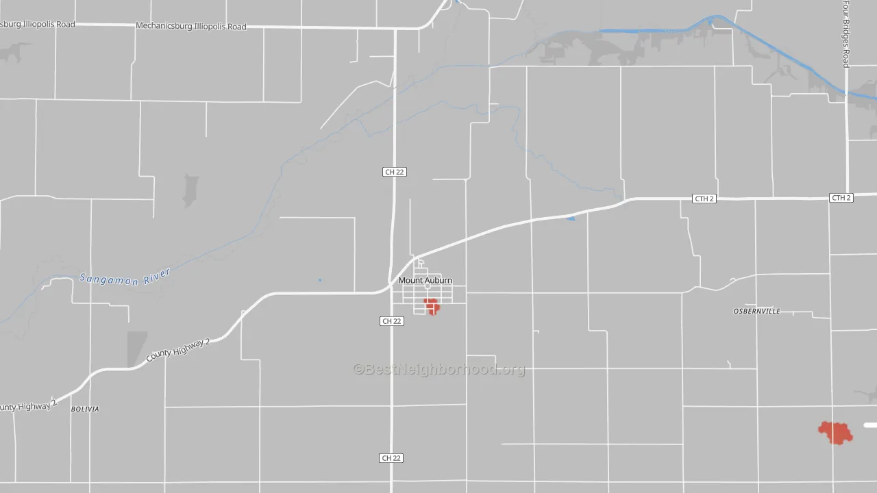 Walk Grade map of Mount Auburn, IL, walkable areas in green and car-dependent areas in red