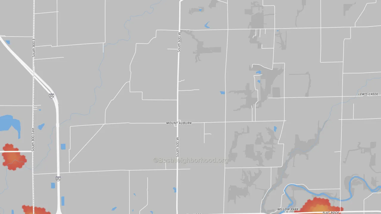 Walk Grade map of Mount Auburn, IN, walkable areas in green and car-dependent areas in red