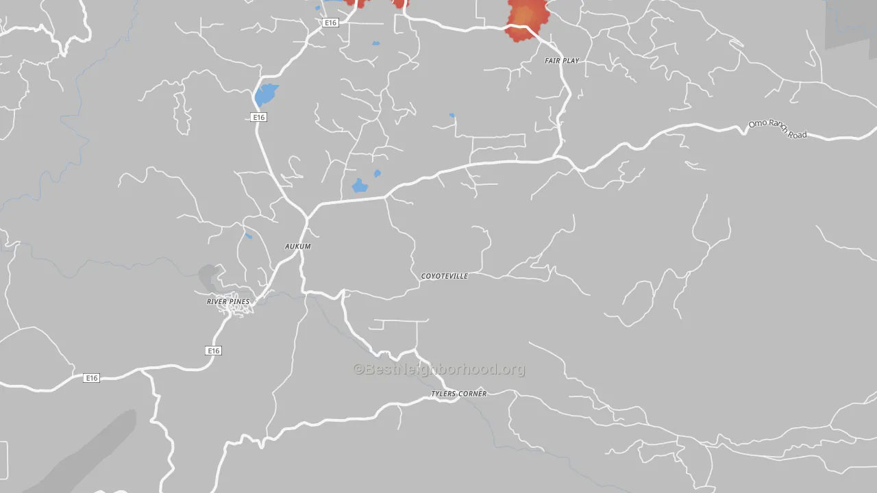 Walk Grade map of Mount Aukum, CA, walkable areas in green and car-dependent areas in red
