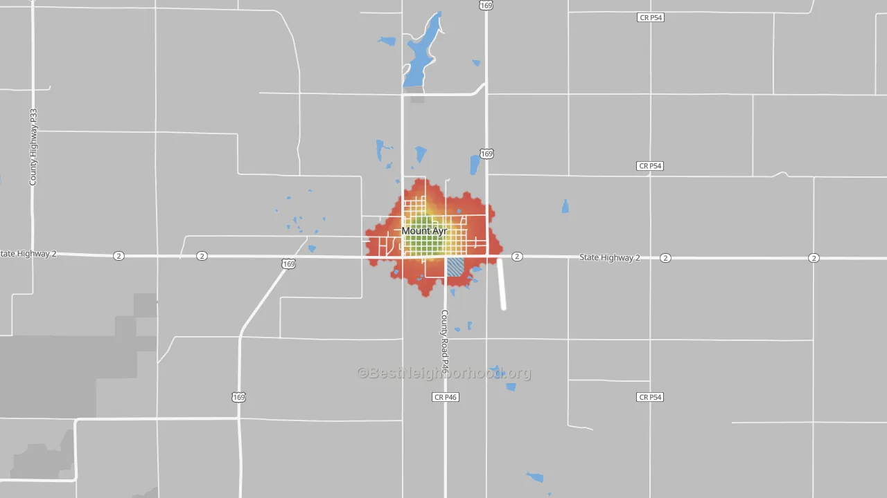Walk Grade map of Mount Ayr, IA, walkable areas in green and car-dependent areas in red