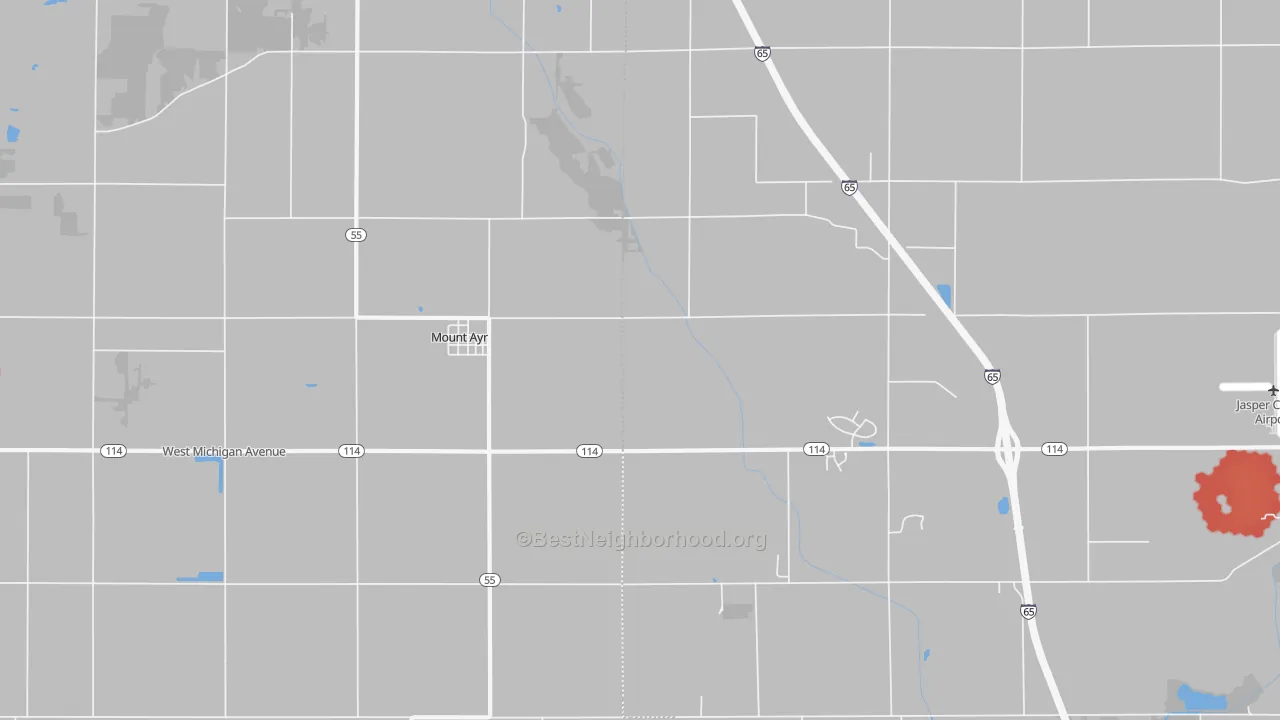 Walk Grade map of Mount Ayr, IN, walkable areas in green and car-dependent areas in red