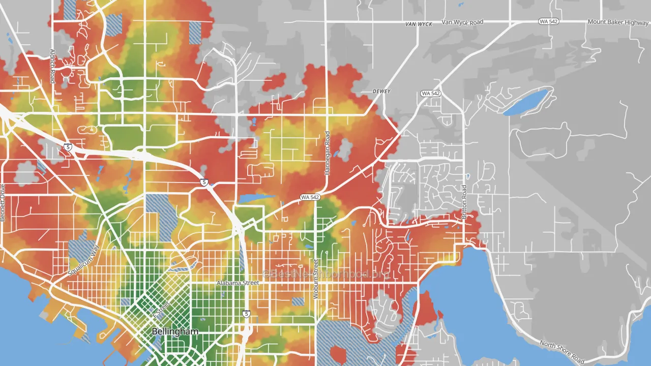 Walk Grade map of Mount Baker, Bellingham, WA, walkable areas in green and car-dependent areas in red