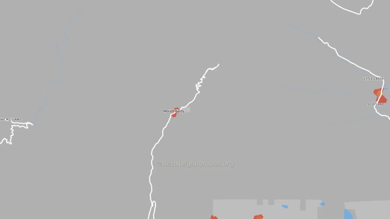 Walk Grade map of Mount Baldy, CA, walkable areas in green and car-dependent areas in red