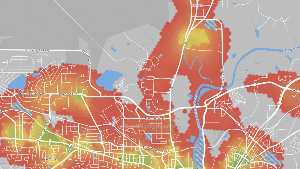 Walk Grade map of Mount Berry, GA, walkable areas in green and car-dependent areas in red
