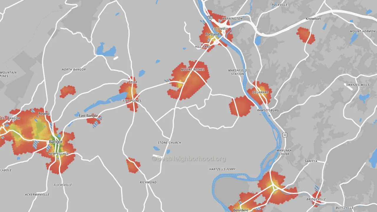 Walk Grade map of Mount Bethel, PA, walkable areas in green and car-dependent areas in red