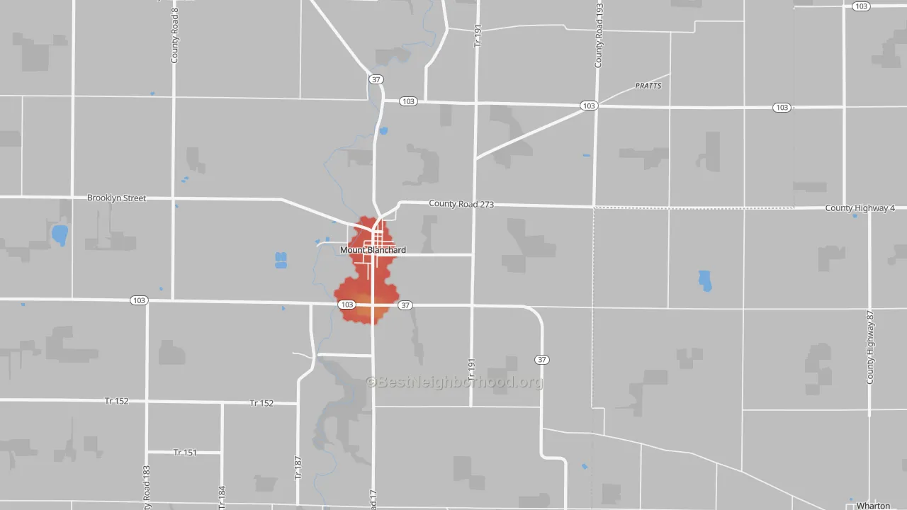 Walk Grade map of Mount Blanchard, OH, walkable areas in green and car-dependent areas in red