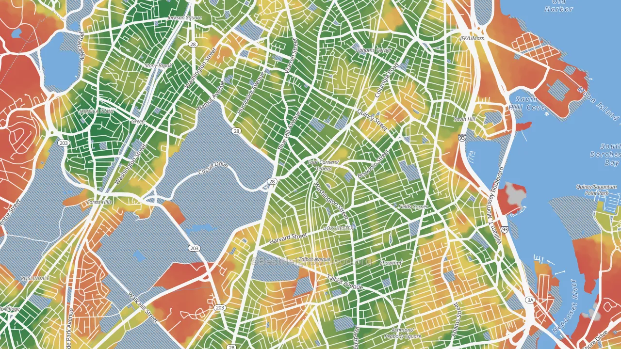 Walk Grade map of Mount Bowdoin, Boston, MA, walkable areas in green and car-dependent areas in red