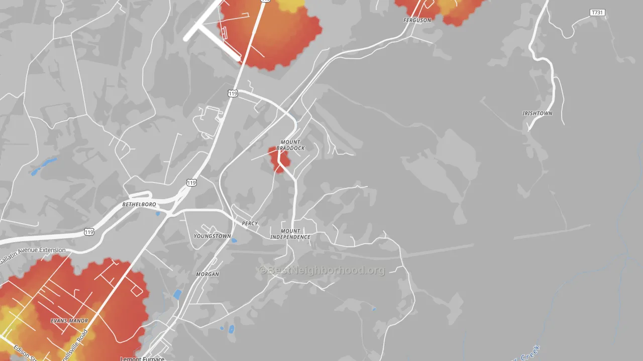 Walk Grade map of Mount Braddock, PA, walkable areas in green and car-dependent areas in red