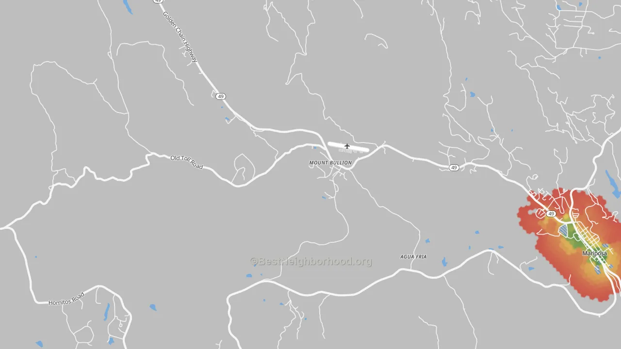 Walk Grade map of Mount Bullion, CA, walkable areas in green and car-dependent areas in red