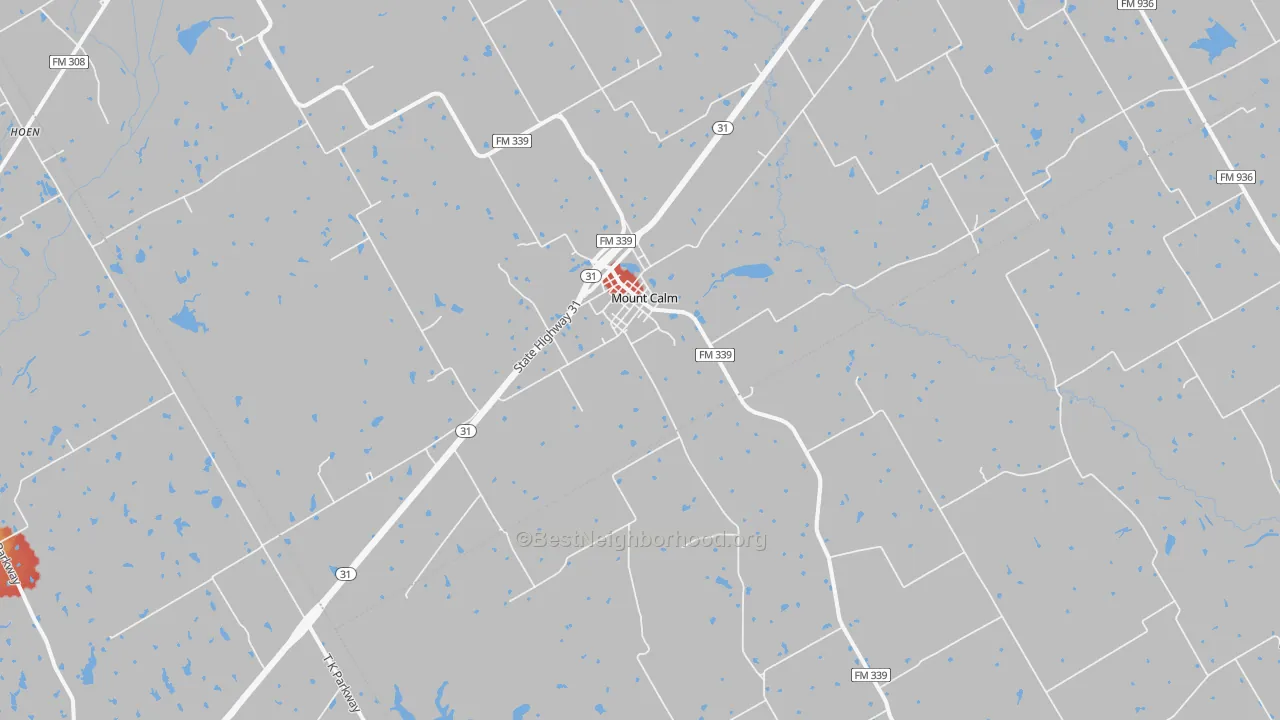 Walk Grade map of Mount Calm, TX, walkable areas in green and car-dependent areas in red