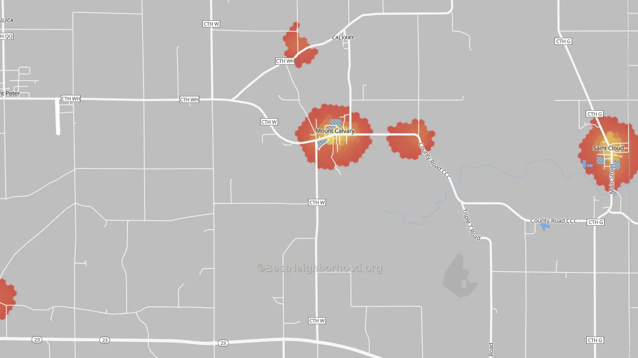 Walk Grade map of Mount Calvary, WI, walkable areas in green and car-dependent areas in red
