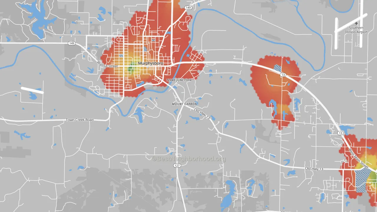 Walk Grade map of Mount Carbon, IL, walkable areas in green and car-dependent areas in red