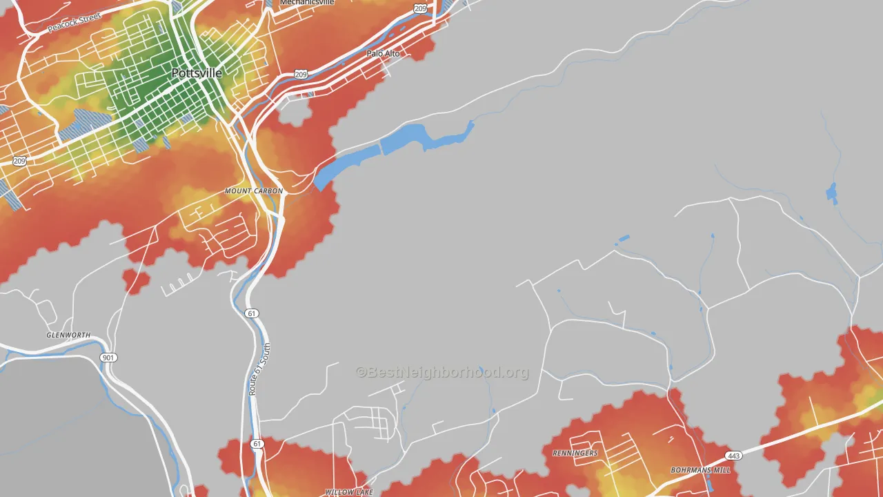 Walk Grade map of Mount Carbon, PA, walkable areas in green and car-dependent areas in red