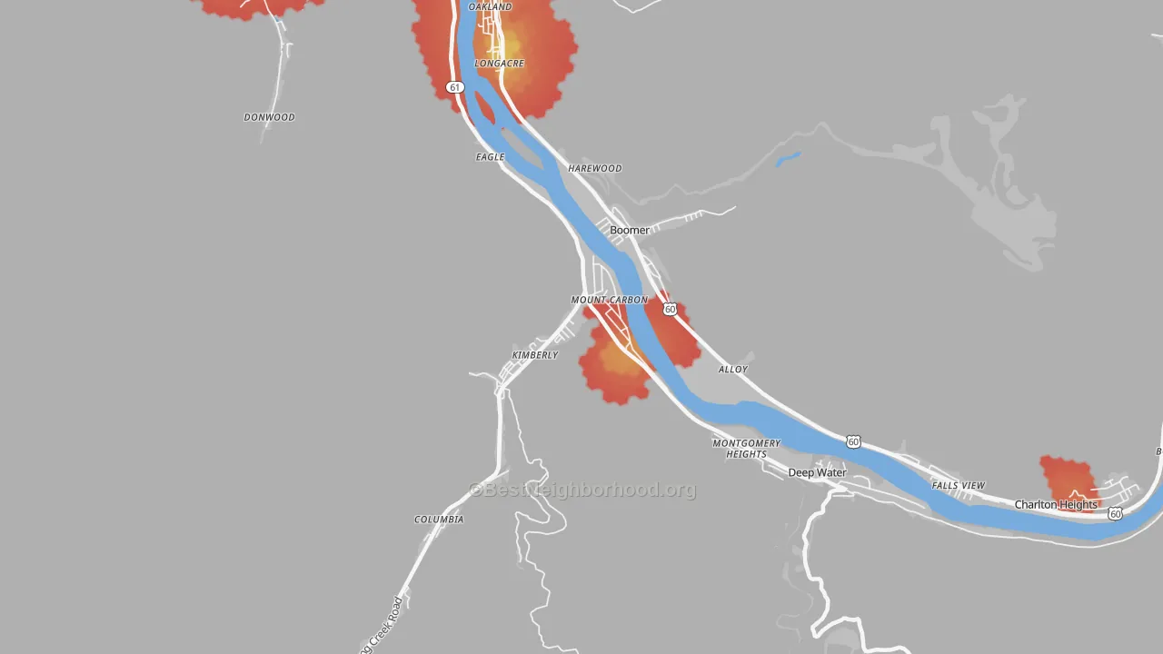 Walk Grade map of Mount Carbon, WV, walkable areas in green and car-dependent areas in red