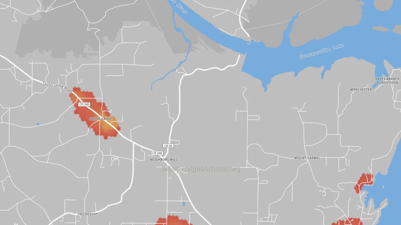 Walk Grade map of Mount Carmel, AL, walkable areas in green and car-dependent areas in red