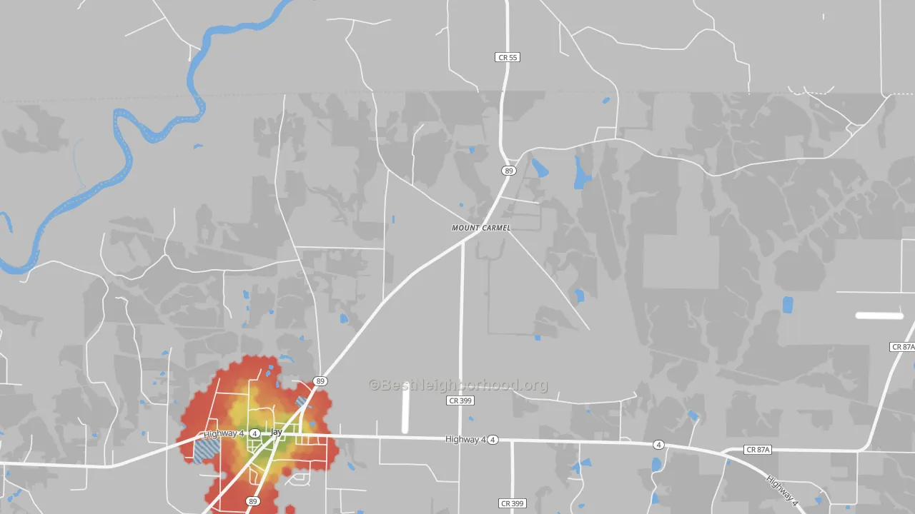 Walk Grade map of Mount Carmel, FL, walkable areas in green and car-dependent areas in red