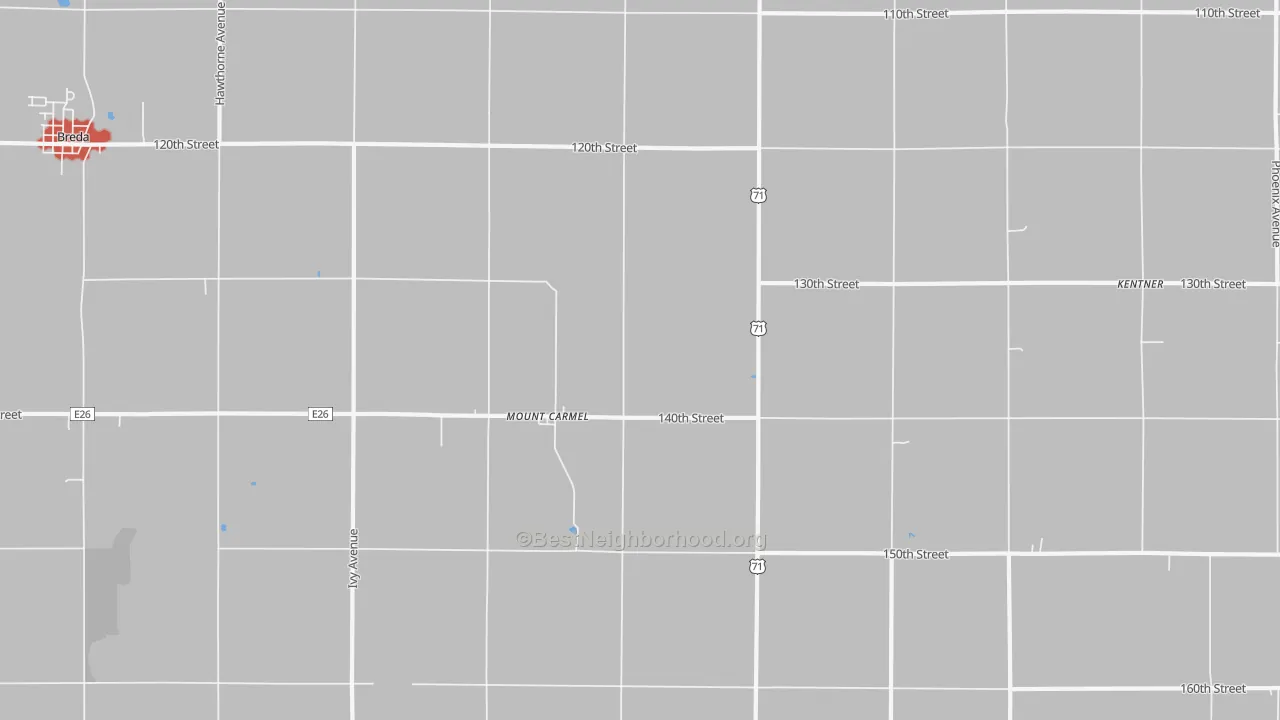 Walk Grade map of Mount Carmel, IA, walkable areas in green and car-dependent areas in red