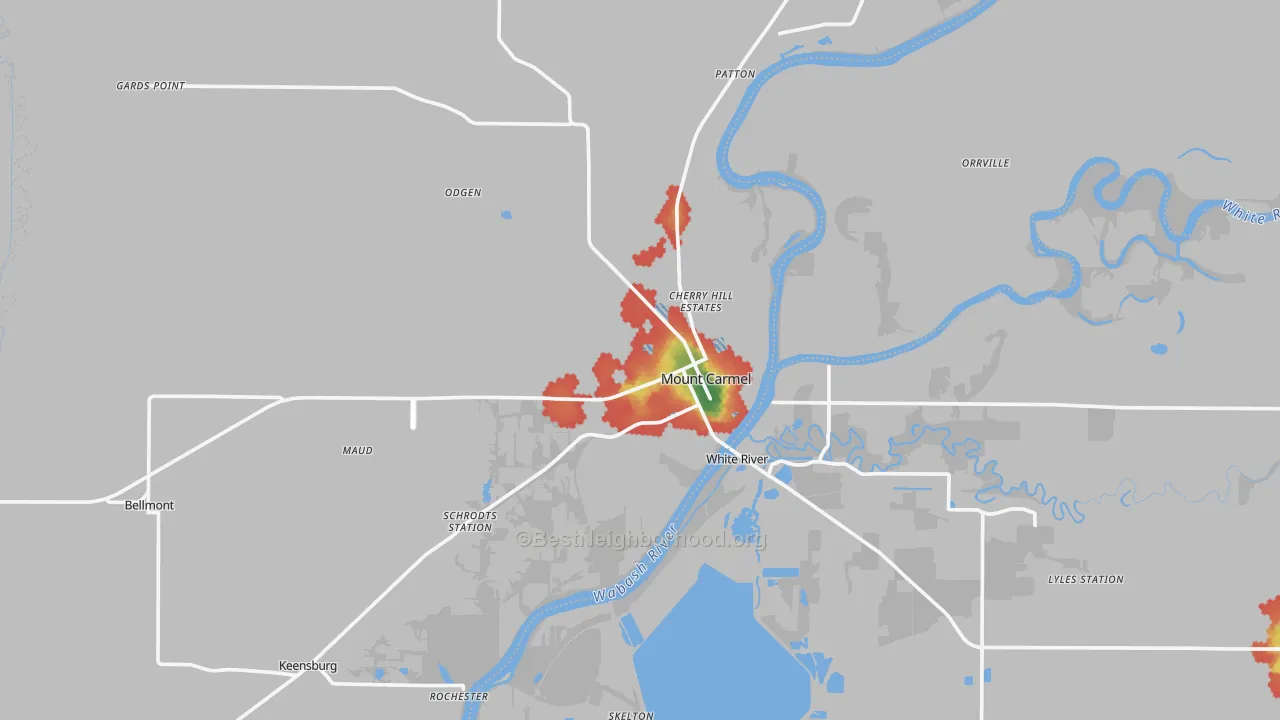 Walk Grade map of Mount Carmel, IL, walkable areas in green and car-dependent areas in red