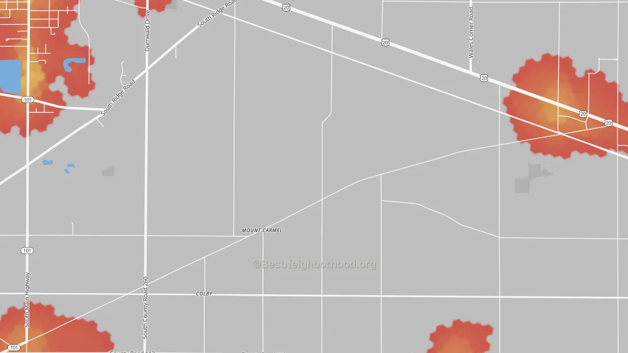 Walk Grade map of Mount Carmel, OH, walkable areas in green and car-dependent areas in red