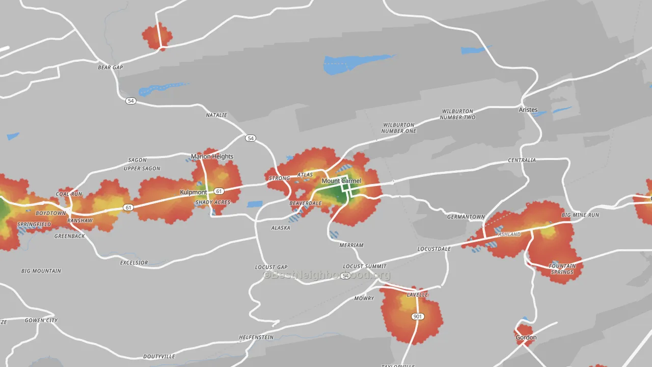 Walk Grade map of Mount Carmel, PA, walkable areas in green and car-dependent areas in red