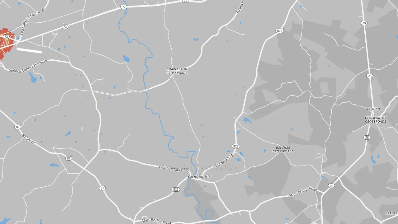 Walk Grade map of Mount Carmel, SC, walkable areas in green and car-dependent areas in red