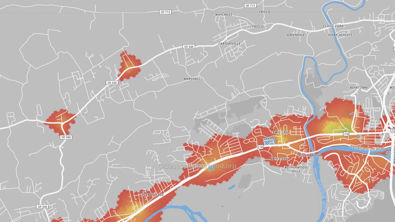 Walk Grade map of Mount Carmel, TN, walkable areas in green and car-dependent areas in red