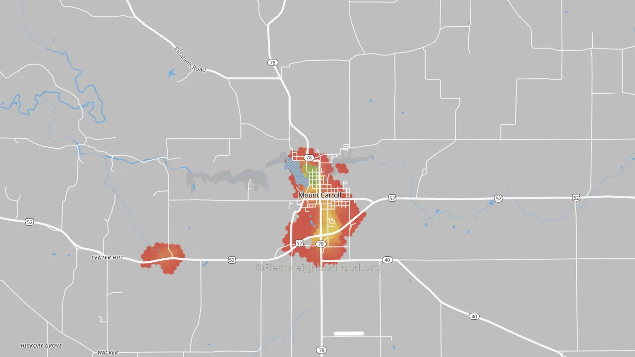 Walk Grade map of Mount Carroll, IL, walkable areas in green and car-dependent areas in red