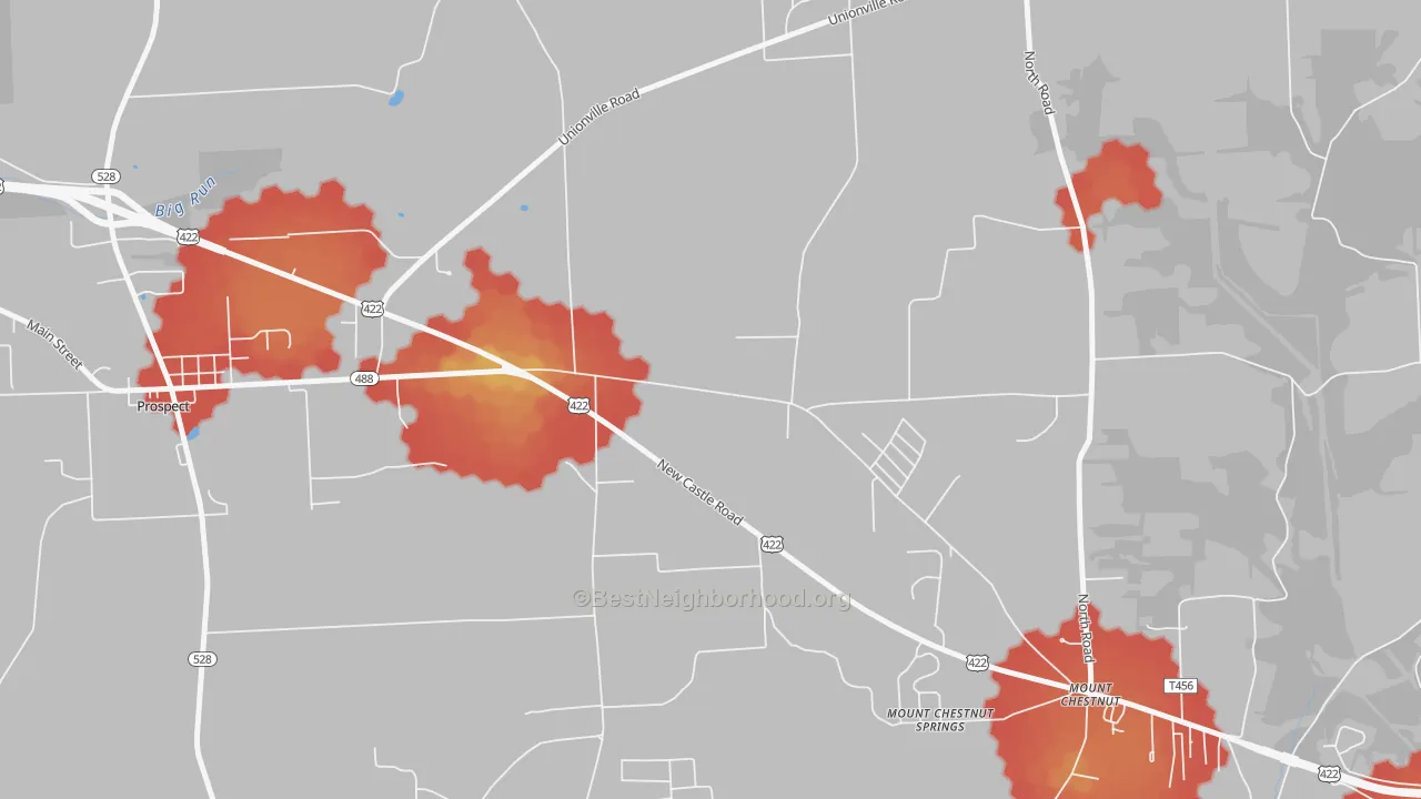 Walk Grade map of Mount Chestnut Springs, PA, walkable areas in green and car-dependent areas in red