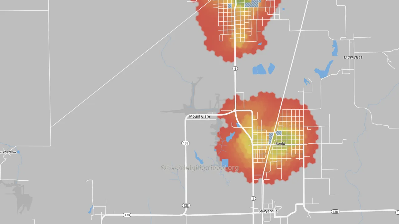 Walk Grade map of Mount Clare, IL, walkable areas in green and car-dependent areas in red