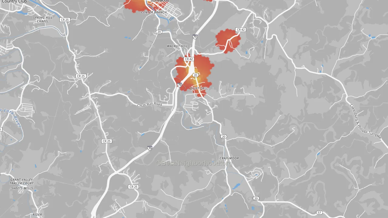 Walk Grade map of Mount Clare, WV, walkable areas in green and car-dependent areas in red