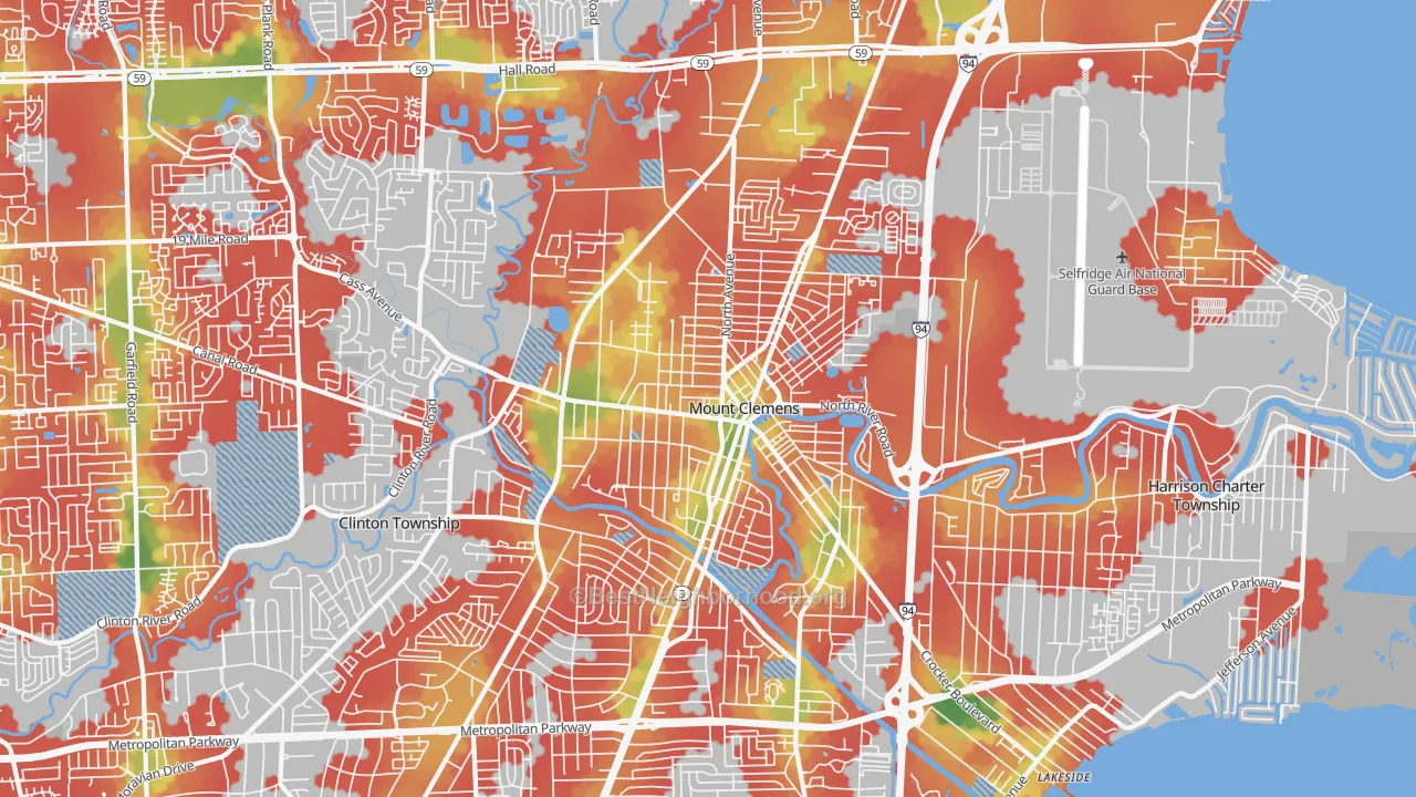 Walk Grade map of Mount Clemens, MI, walkable areas in green and car-dependent areas in red
