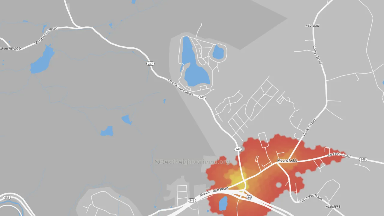 Walk Grade map of Mount Cobb, PA, walkable areas in green and car-dependent areas in red