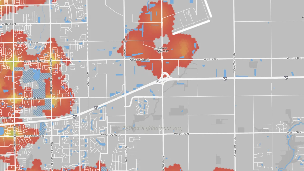 Walk Grade map of Mount Comfort, IN, walkable areas in green and car-dependent areas in red