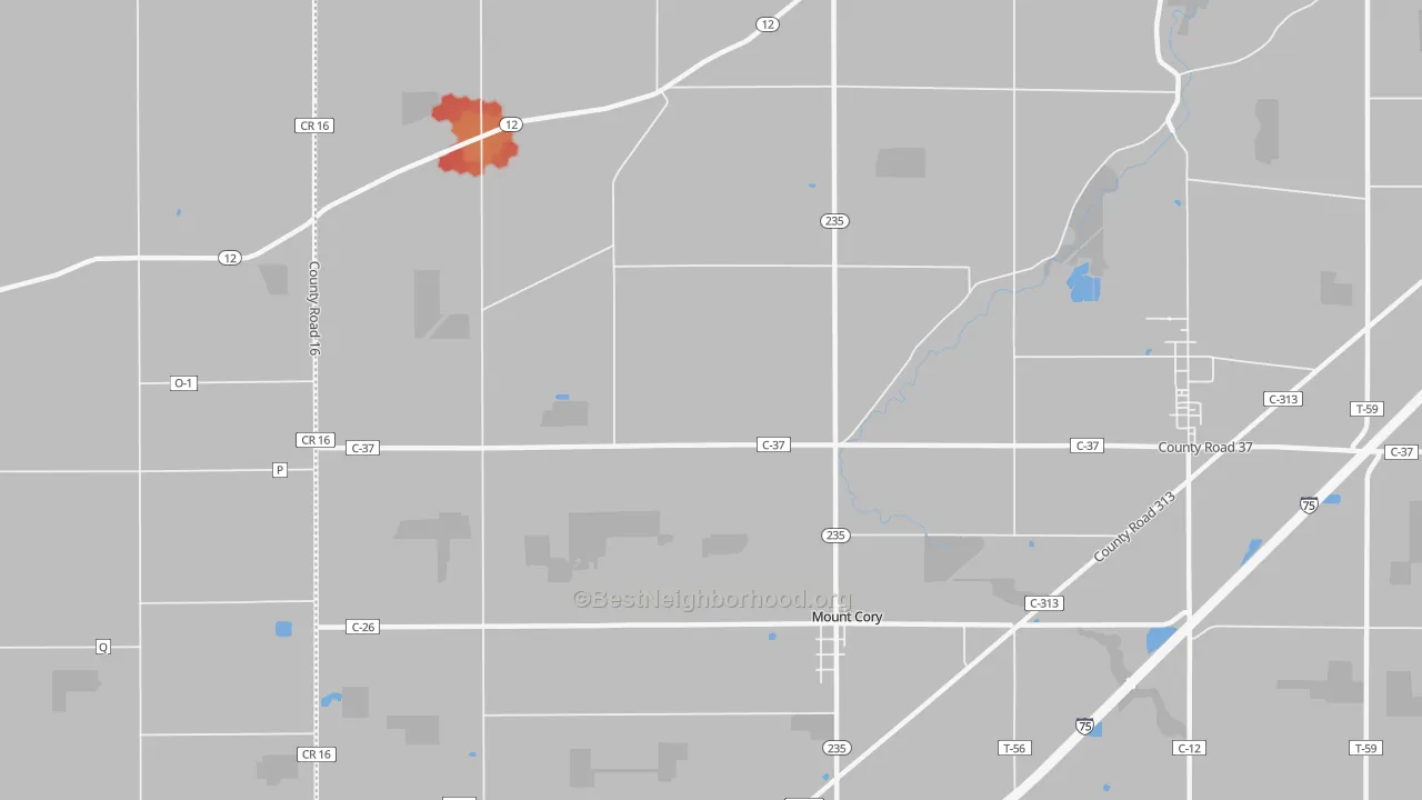 Walk Grade map of Mount Cory, OH, walkable areas in green and car-dependent areas in red