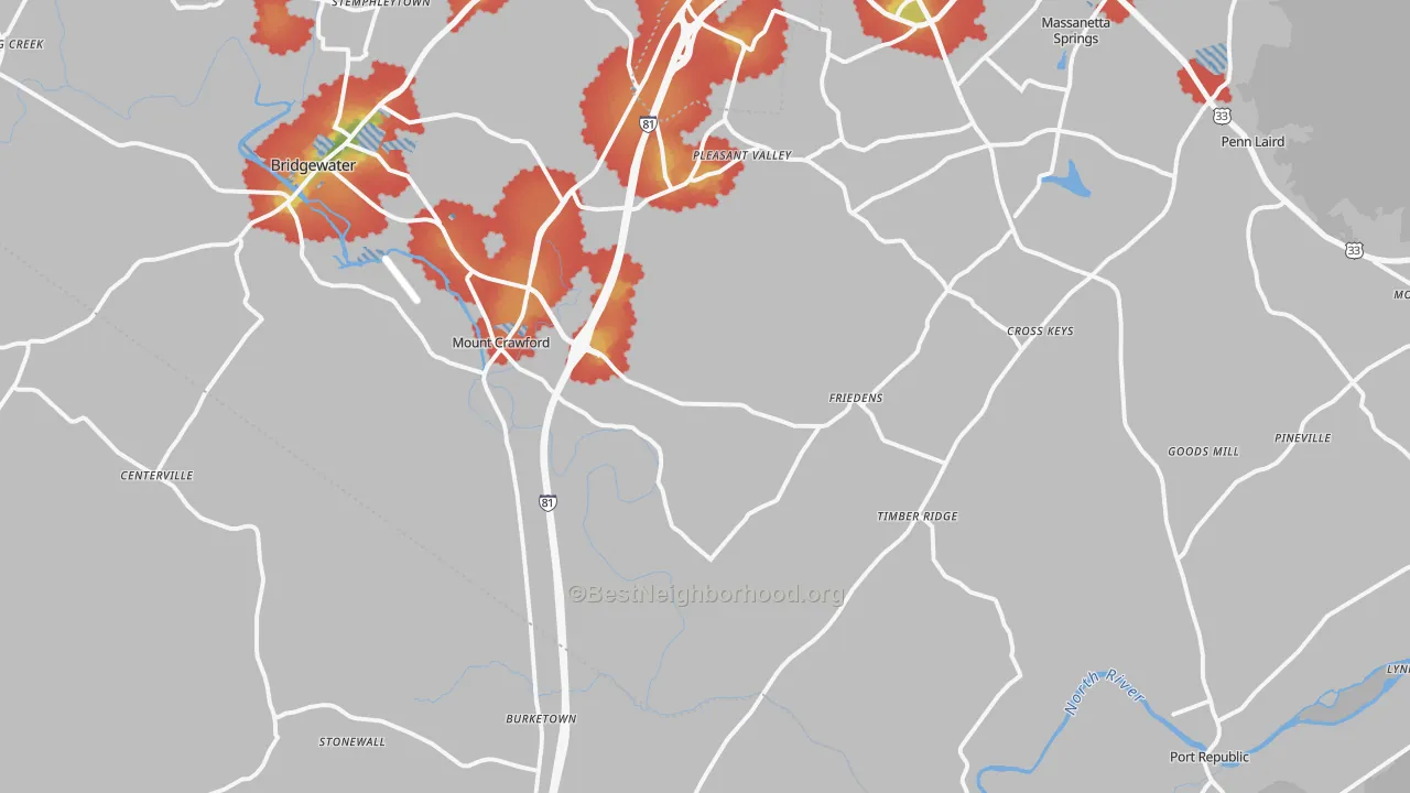 Walk Grade map of Mount Crawford, VA, walkable areas in green and car-dependent areas in red