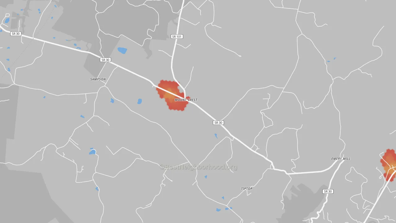 Walk Grade map of Mount Crest, TN, walkable areas in green and car-dependent areas in red