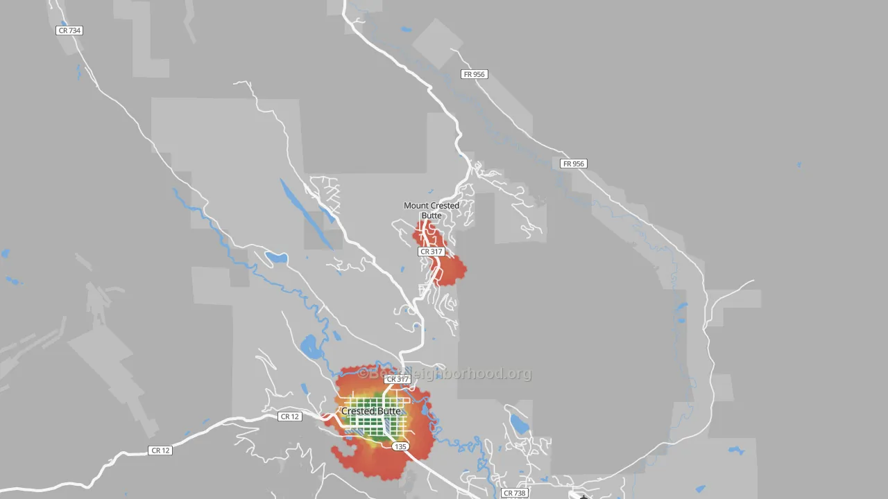 Walk Grade map of Mount Crested Butte, CO, walkable areas in green and car-dependent areas in red